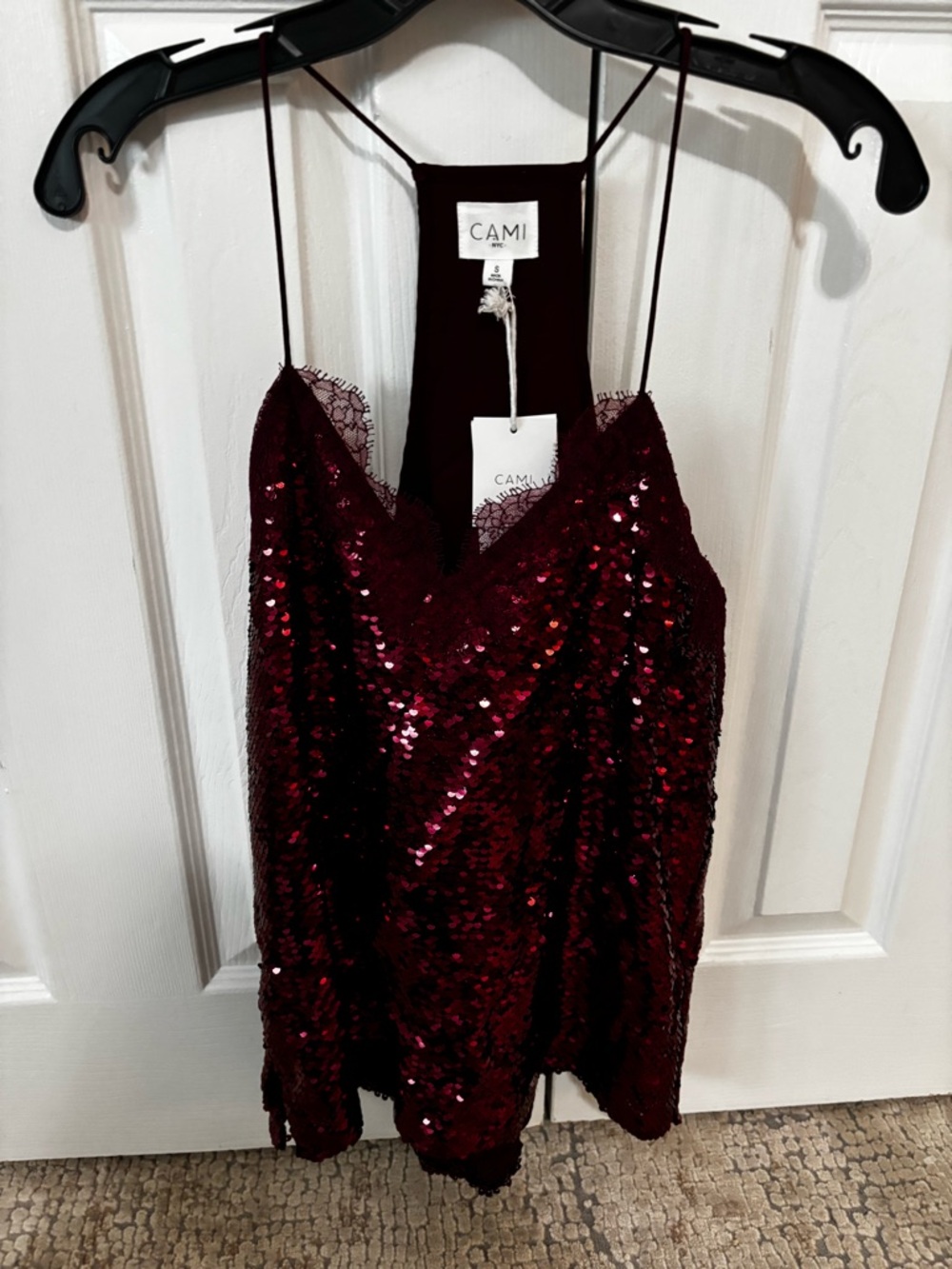 NWT CAMI Sequined Spaghetti Strap Cami in Deep Wine